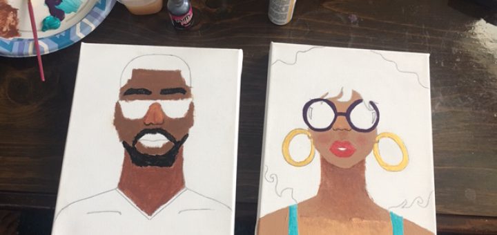 自宅での絵画活動。 アフリカ系アメリカ人のビジュアルアーティスト、DonjhaéJonesによるプレステンシルキャンバス。