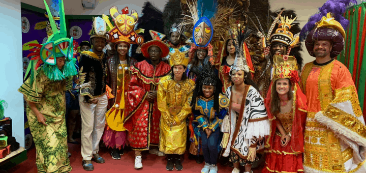 Full-time ’20 and ’21, and one-year ’21 students with Professor Jan Barton (right corner) after touring a samba school in Rio de Janeiro