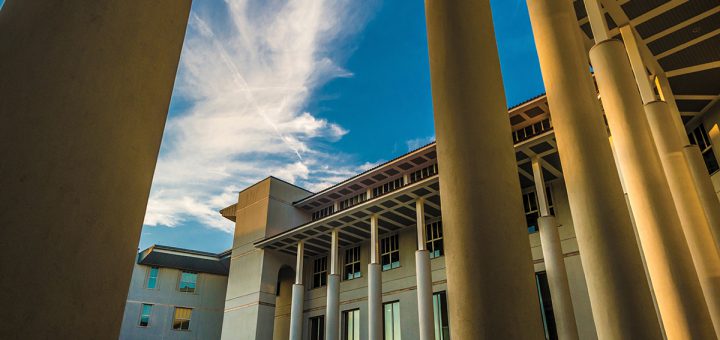 A view of campus through columns
