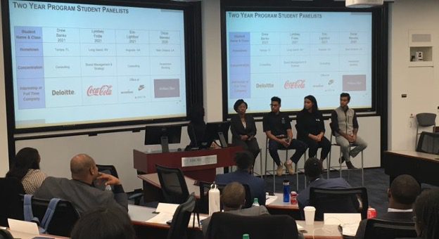 Inside Goizueta 2019 Current Student Panel. Pictured here are panelists Erin Lightfoot 21MBA, Drew Banks 21MBA, Lyndsey Fridie 21MBA, Oscar Mendez 20MBA.
